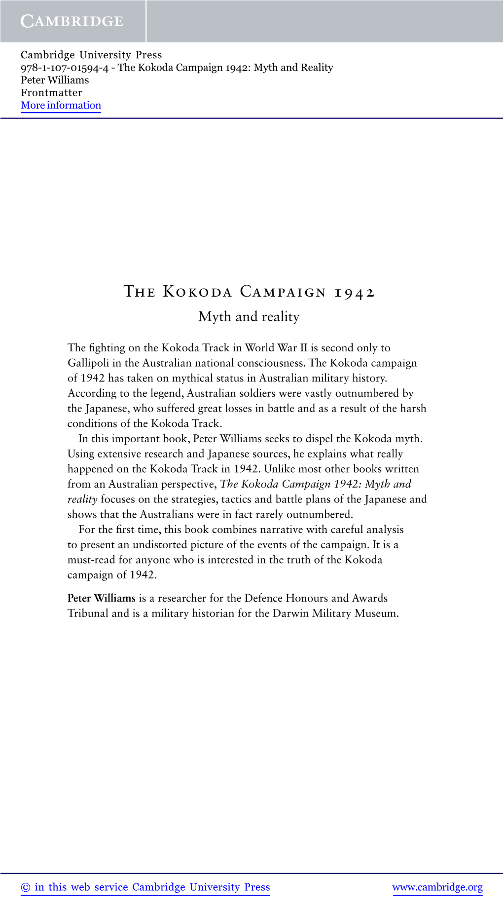 The Kokoda Campaign 1942: Myth and Reality Peter Williams Frontmatter More Information