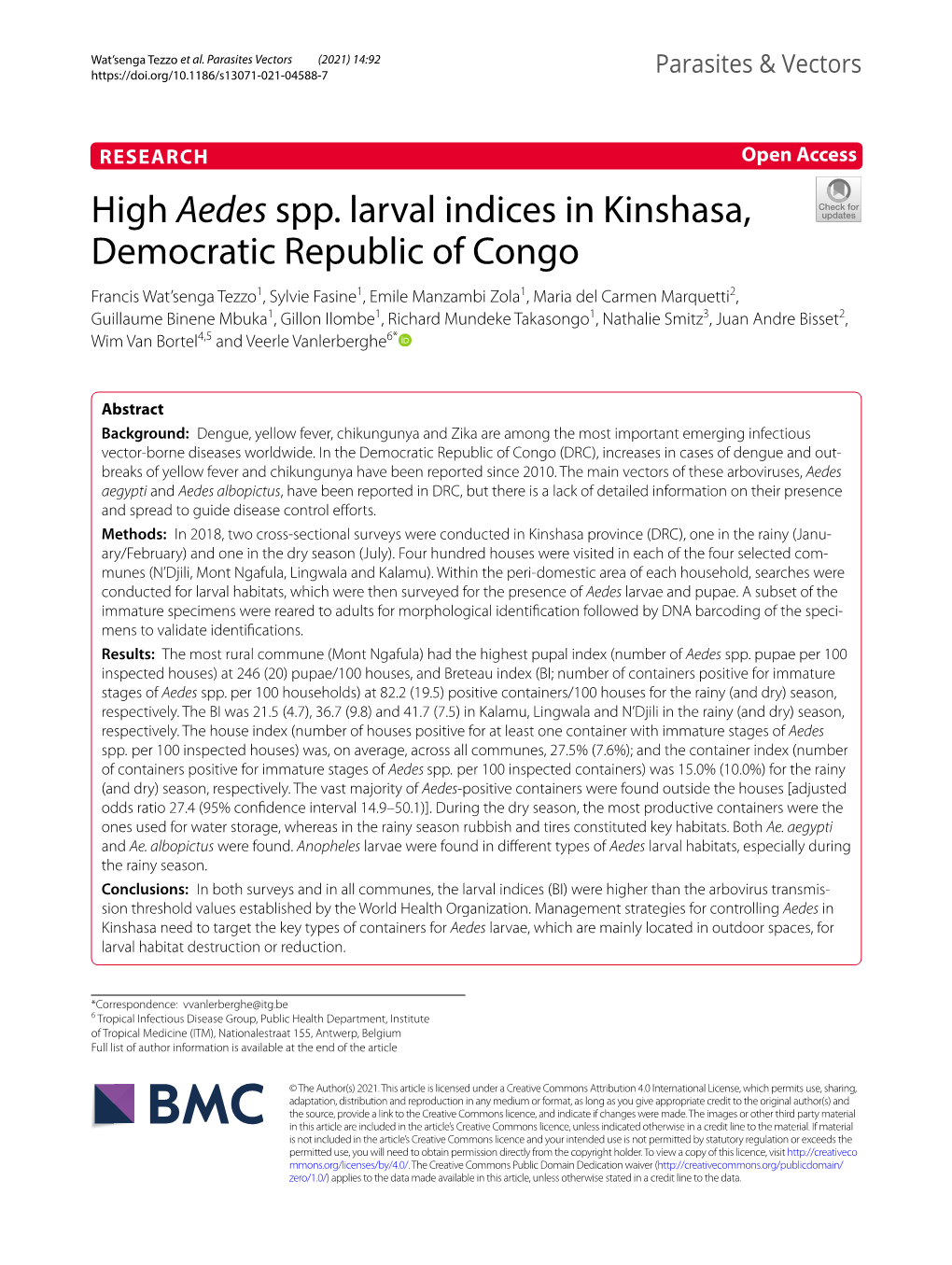 High Aedes Spp. Larval Indices in Kinshasa, Democratic Republic Of