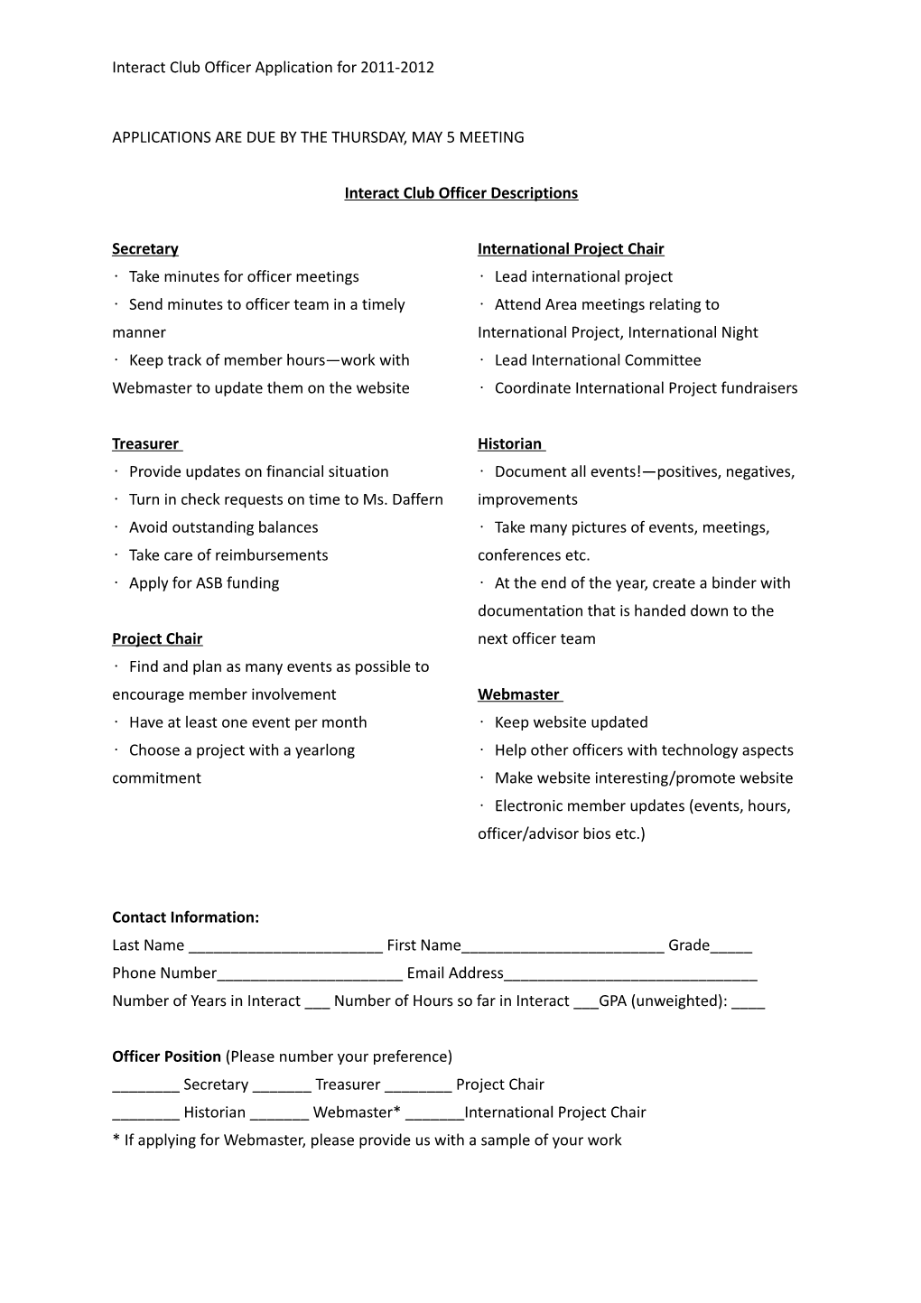 Interact Club Officer Application for 2011-2012