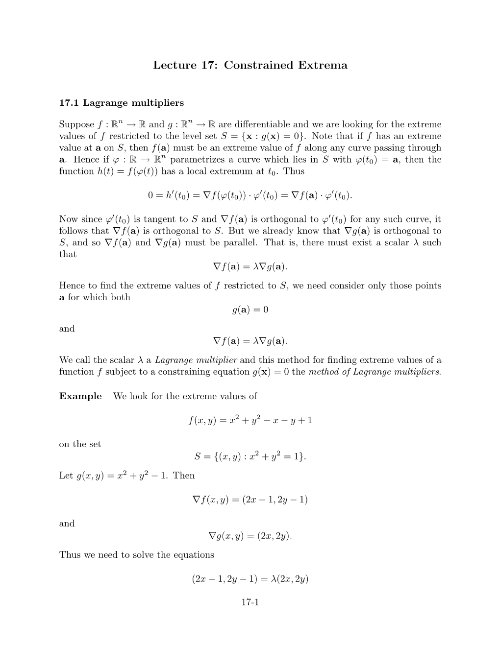 Lecture 17: Constrained Extrema