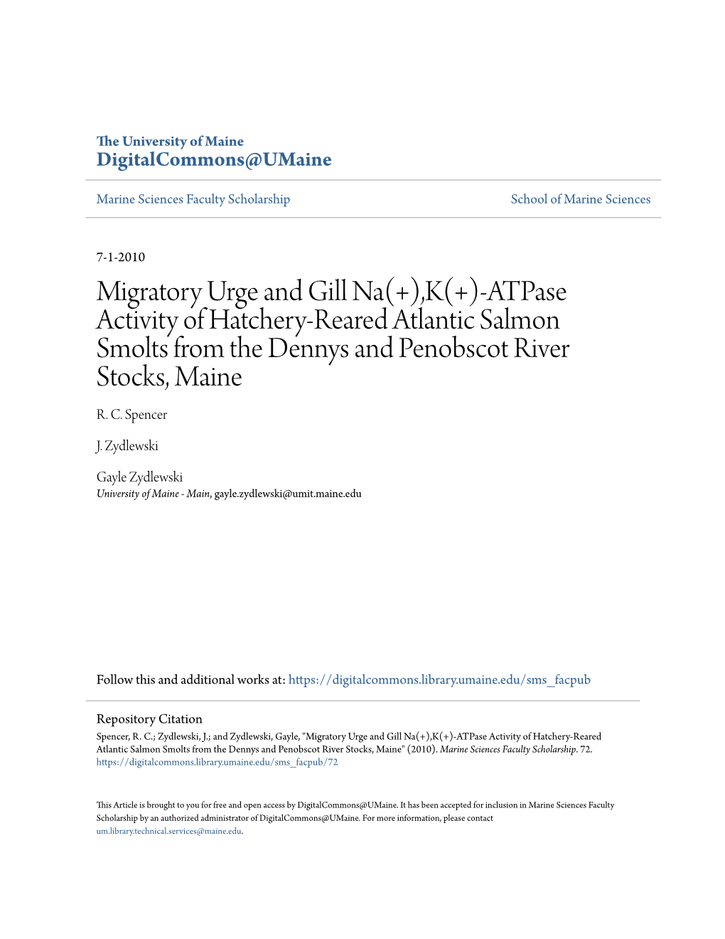 Atpase Activity of Hatchery-Reared Atlantic Salmon Smolts from the Dennys and Penobscot River Stocks, Maine R
