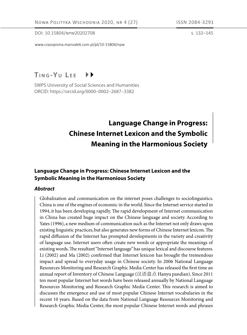 Language Change in Progress: Chinese Internet Lexicon and the Symbolic Meaning in the Harmonious Society