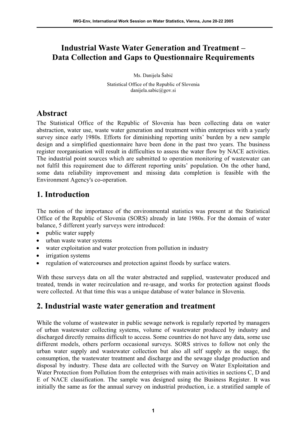 Industrial Waste Water Generation and Treatment – Data Collection and Gaps to Questionnaire Requirements