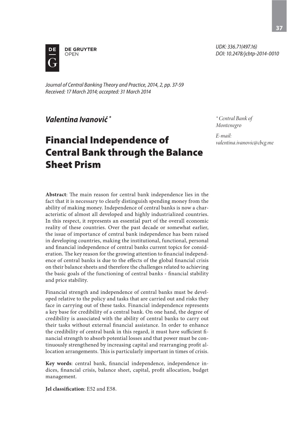 Financial Independence of Central Bank Through the Balance Sheet Prism 39