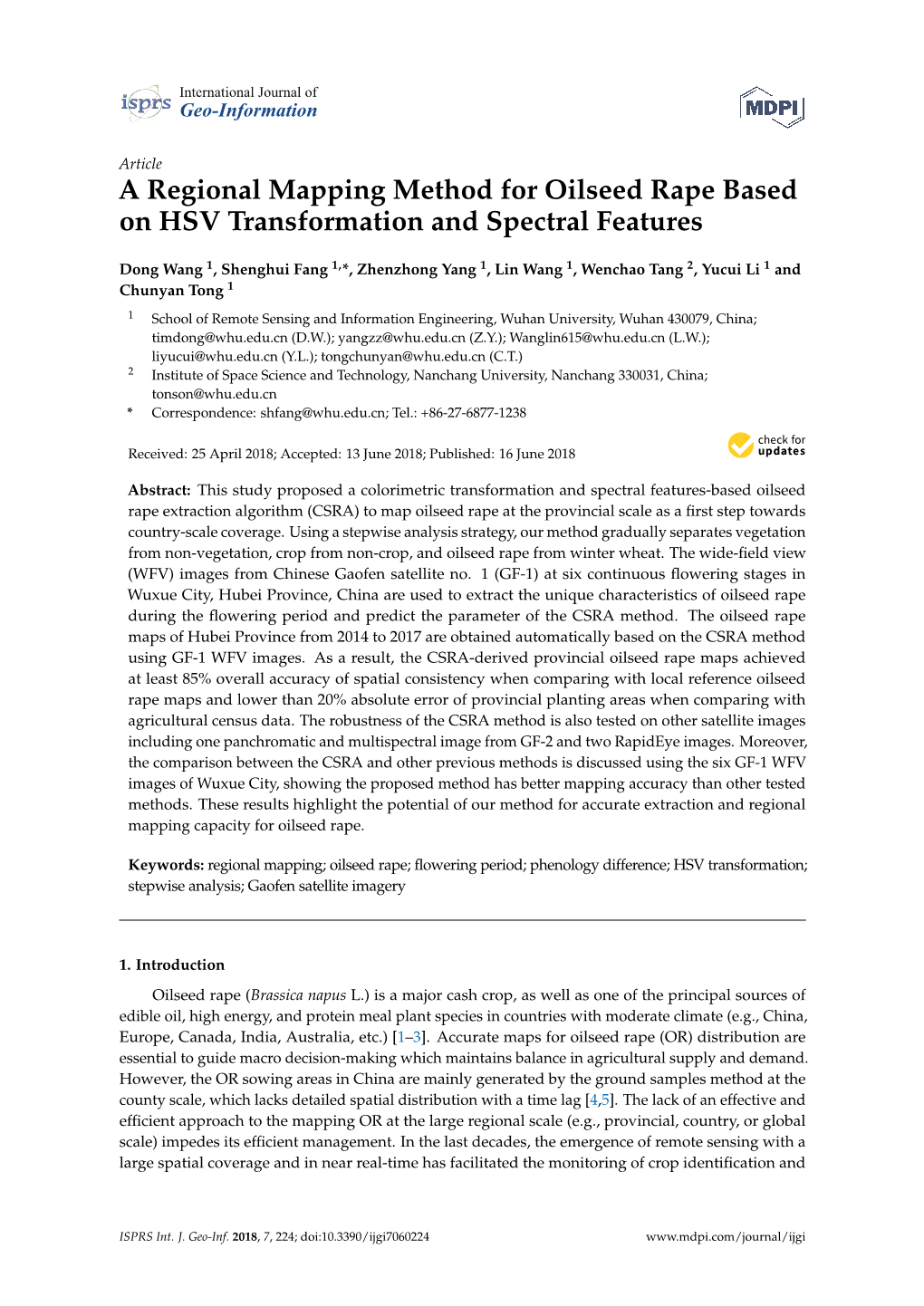 A Regional Mapping Method for Oilseed Rape Based on HSV Transformation and Spectral Features