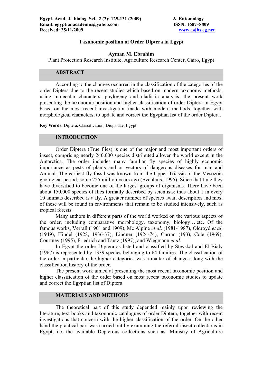 Taxonomic Position of Order Diptera in Egypt Ayman M. Ebrahim Plant