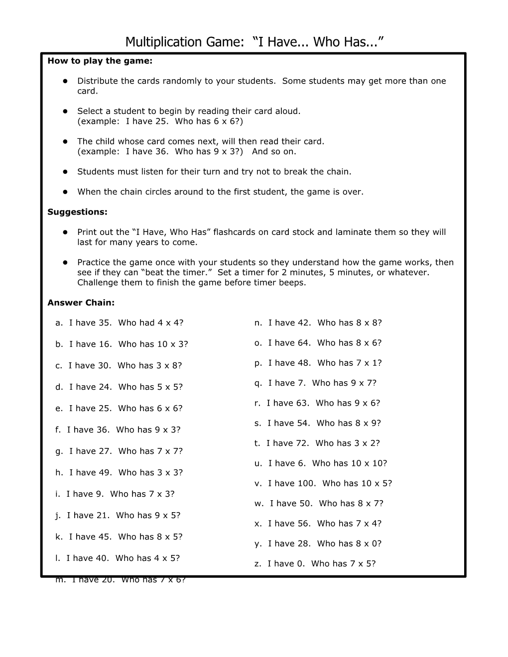 Multiplication Game: I Have Who Has