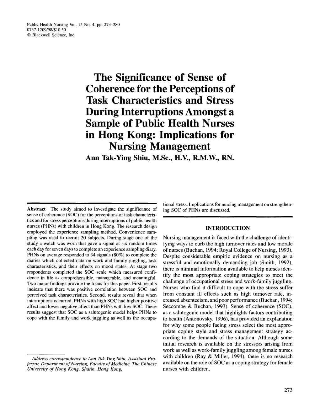 The Significance of Sense of Coherence for the Perceptions of Task Characteristics and Stress During Interruptions Amongst A