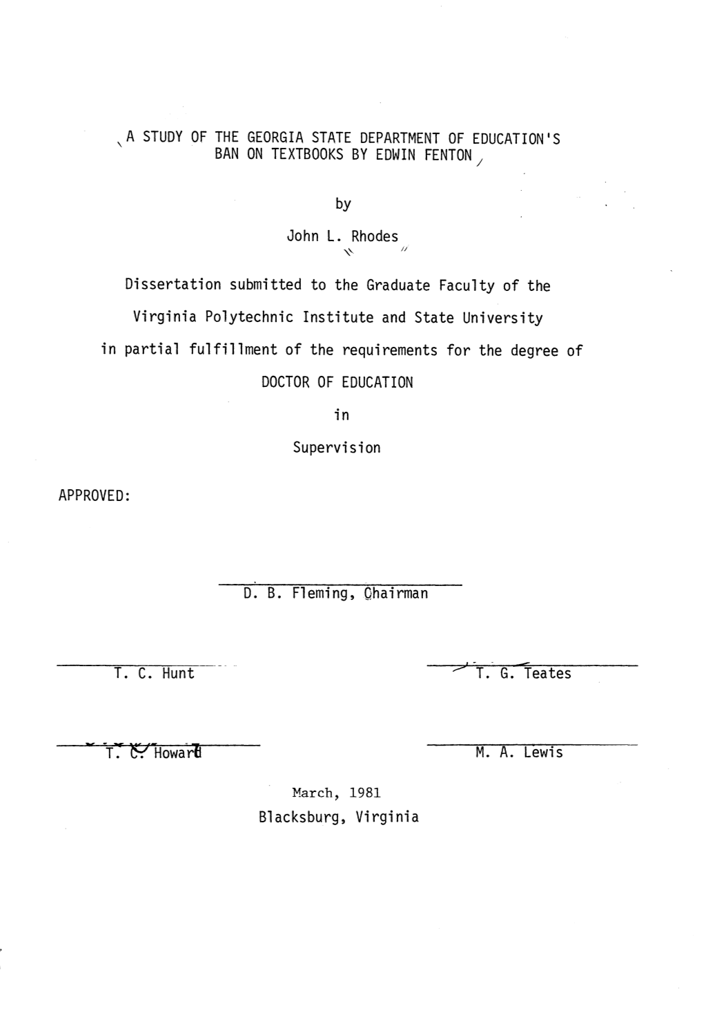 A Study of the Georgia State Department of Education's ' Ban on Textbooks by Edwin Fenton