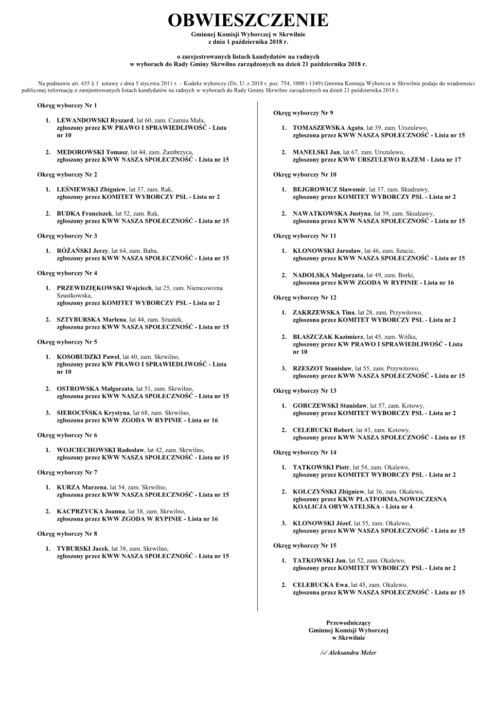 OBWIESZCZENIE Gminnej Komisji Wyborczej W Skrwilnie Z Dnia 1 Października 2018 R