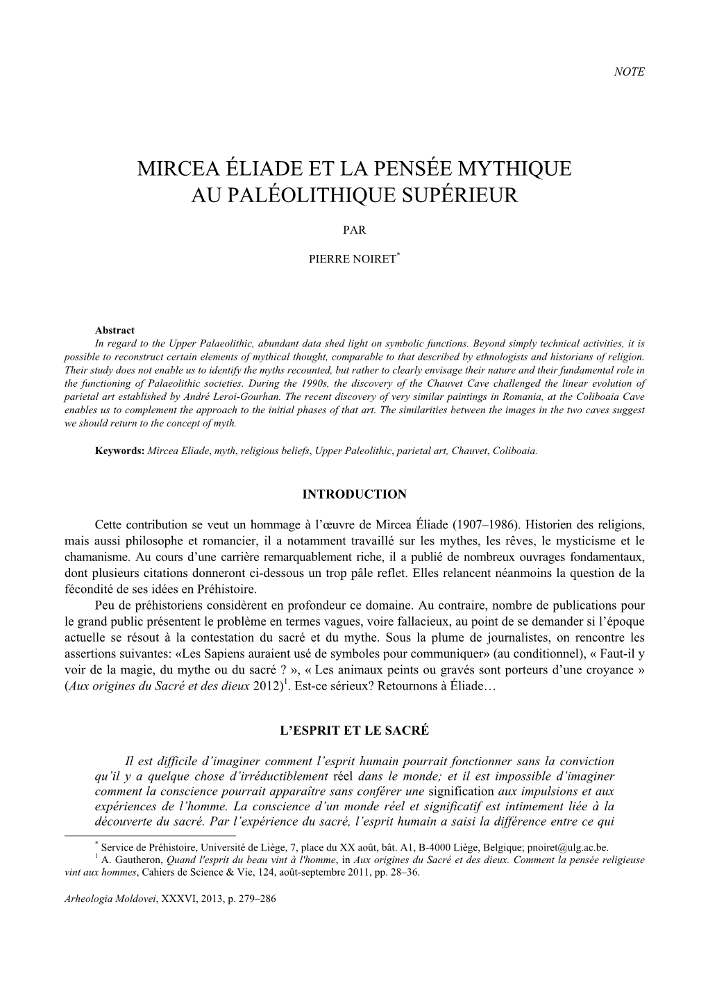 Mircea Éliade Et La Pensée Mythique Au Paléolithique Supérieur