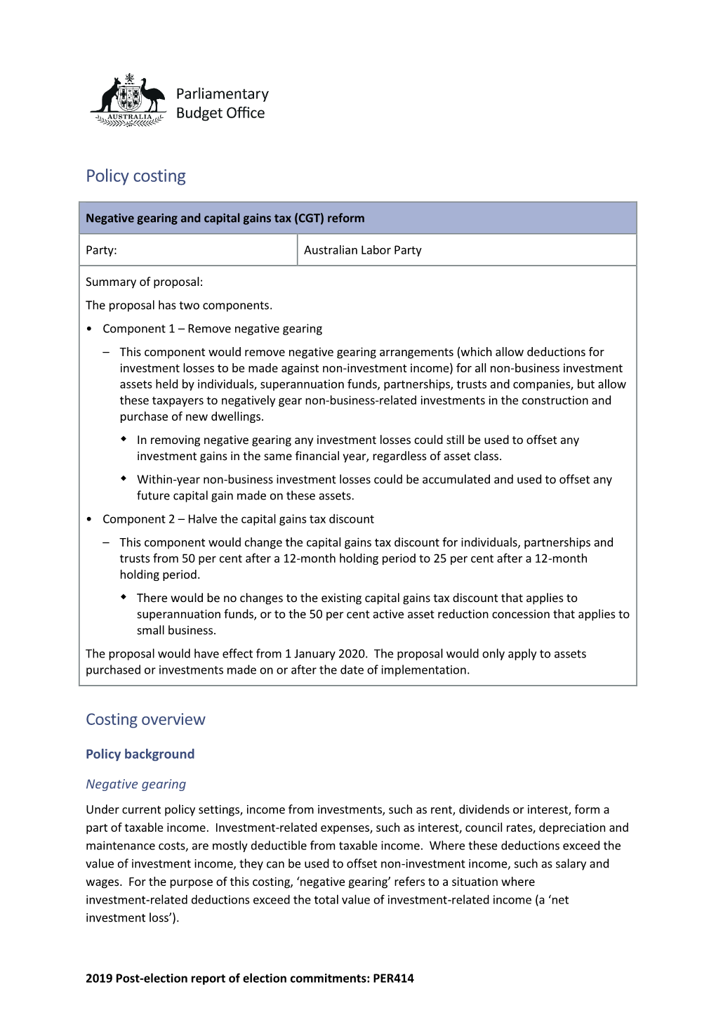 Negative Gearing and Capital Gains Tax (CGT) Reform (PER414)