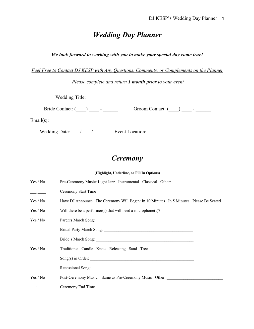 Wedding Day Planner Ceremony