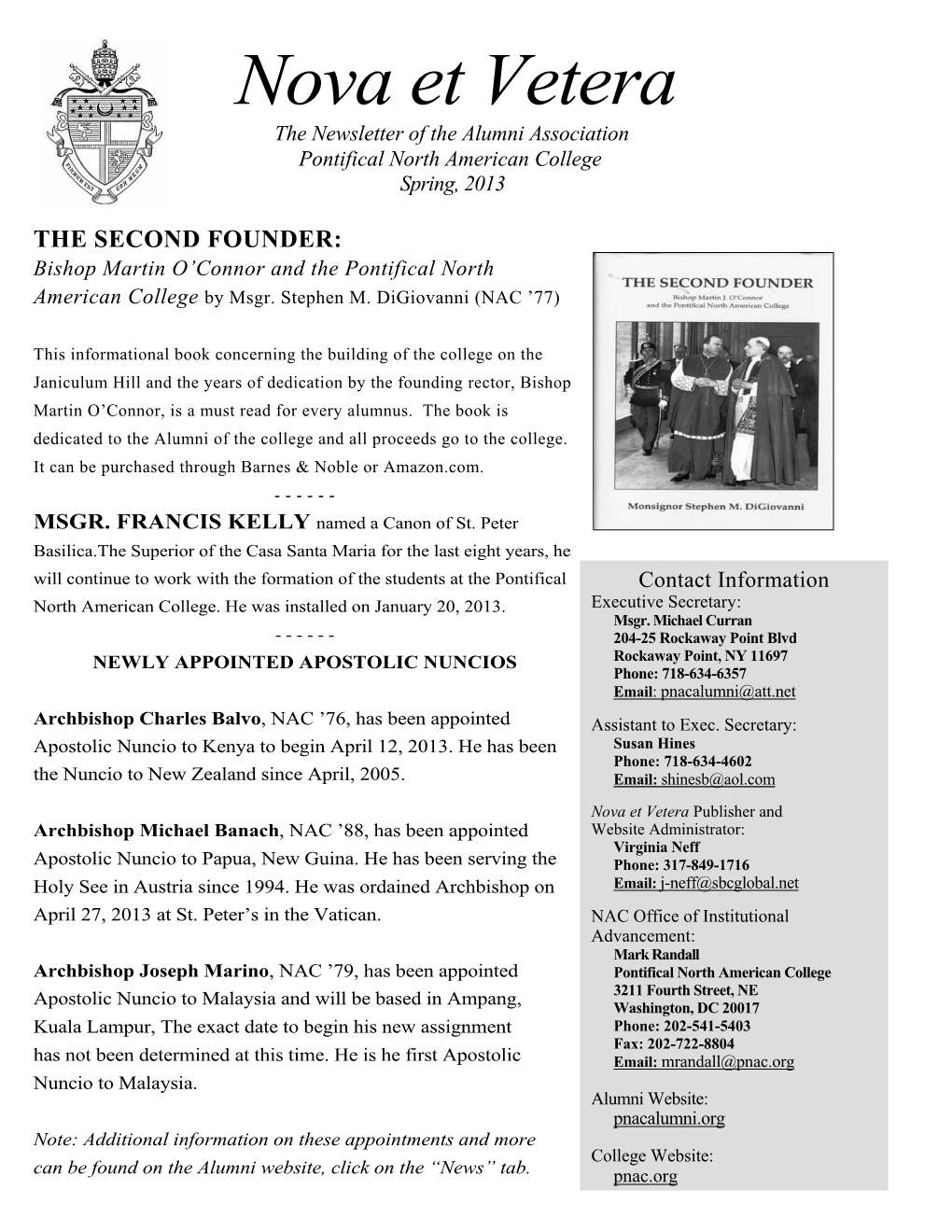 Nova Et Vetera the Newsletter of the Alumni Association Pontifical North American College Spring, 2013