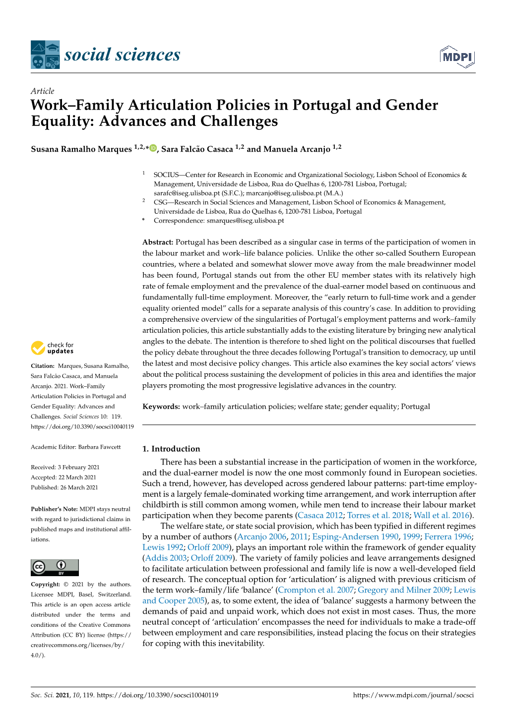 Work–Family Articulation Policies in Portugal and Gender Equality: Advances and Challenges