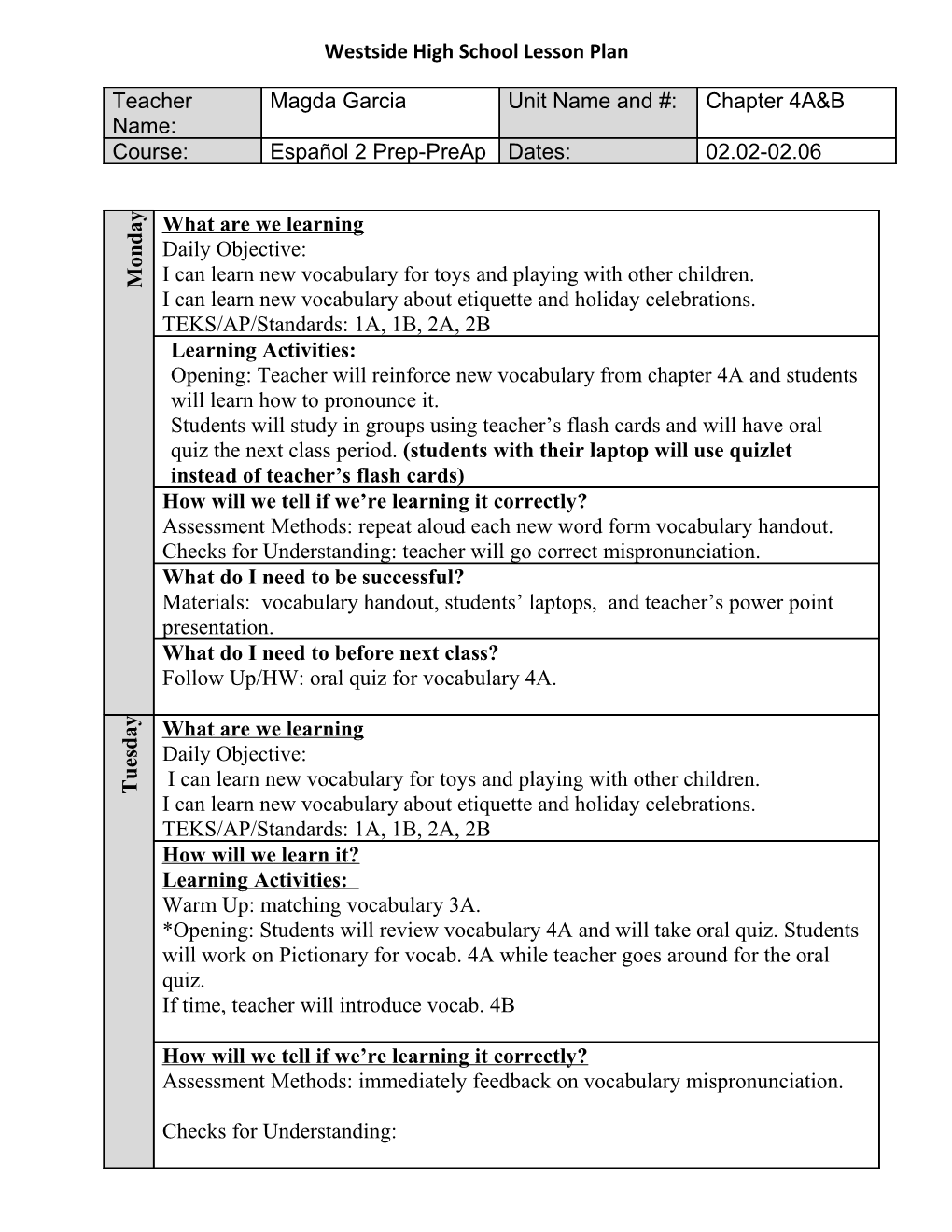 Westside High School Lesson Plan s3