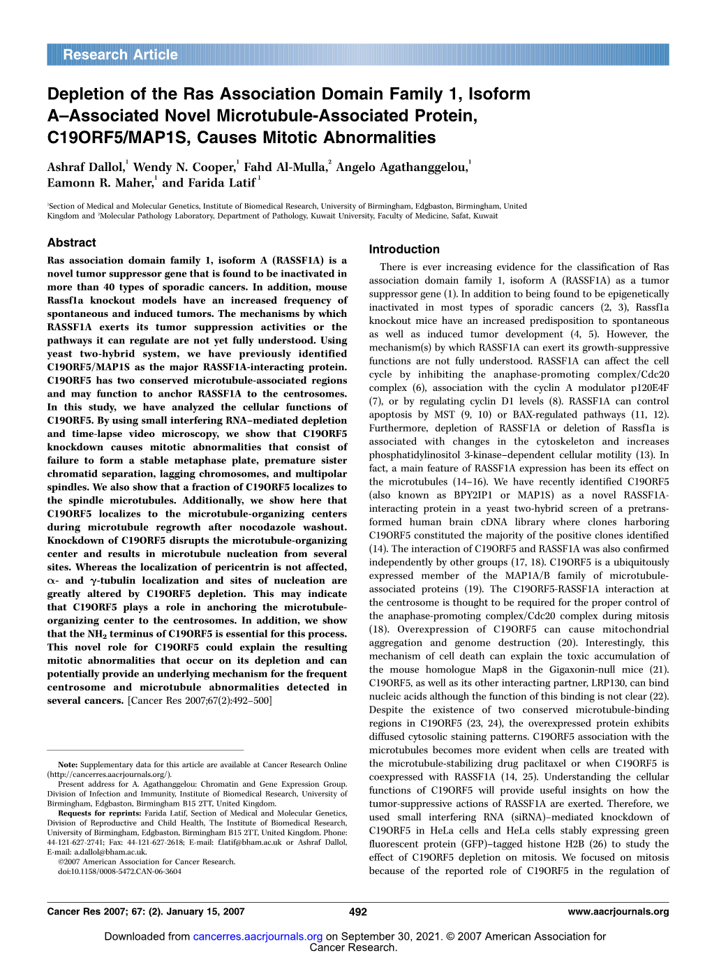 C19ORF5/MAP1S, Causes Mitotic Abnormalities