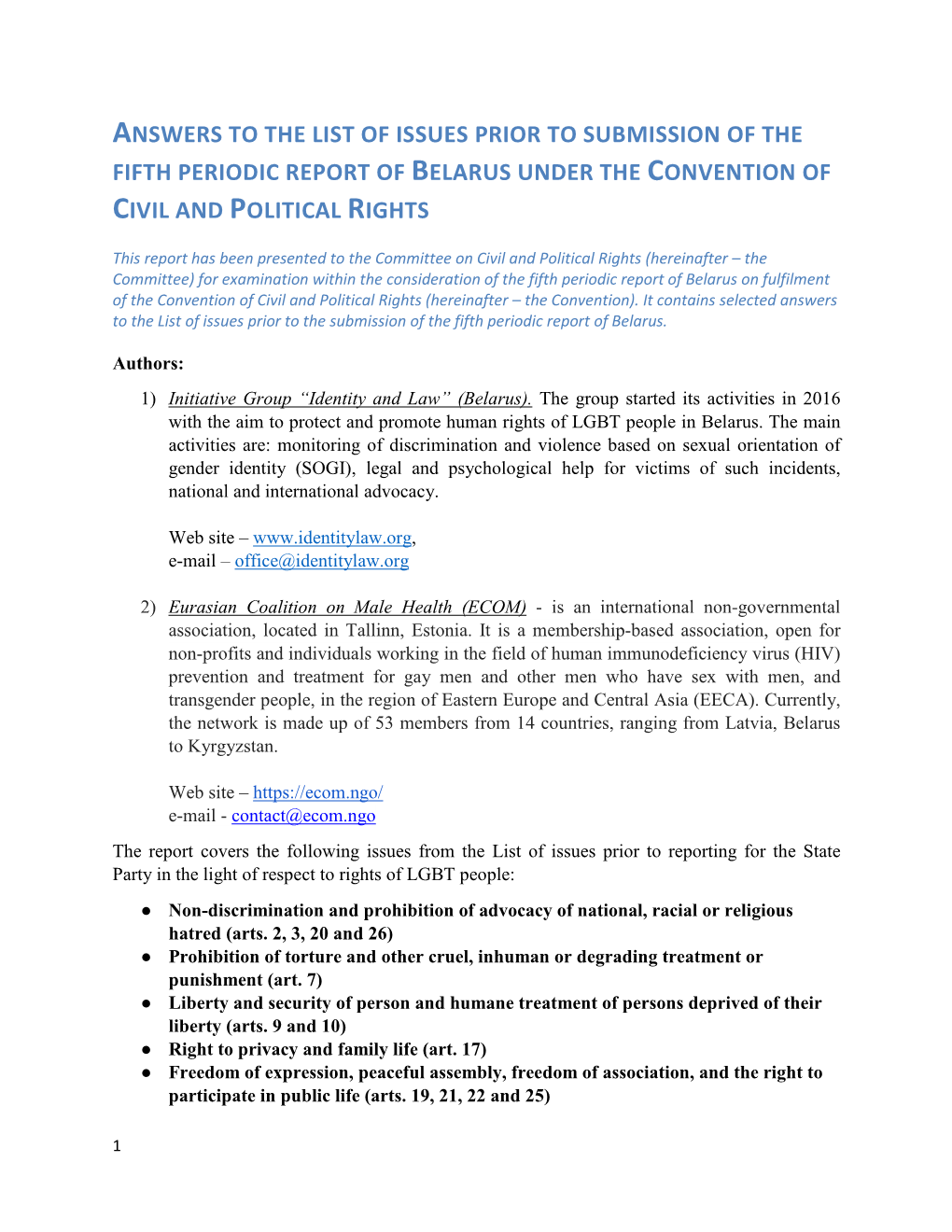Answers to the List of Issues Prior to Submission of the Fifth Periodic Report of Belarus Under the Convention of Civil and Political Rights