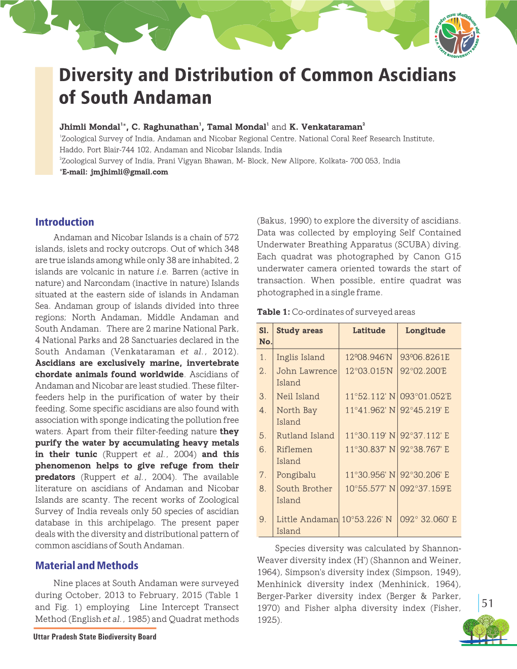 Diversity and Distribution of Common Ascidians of South Andaman