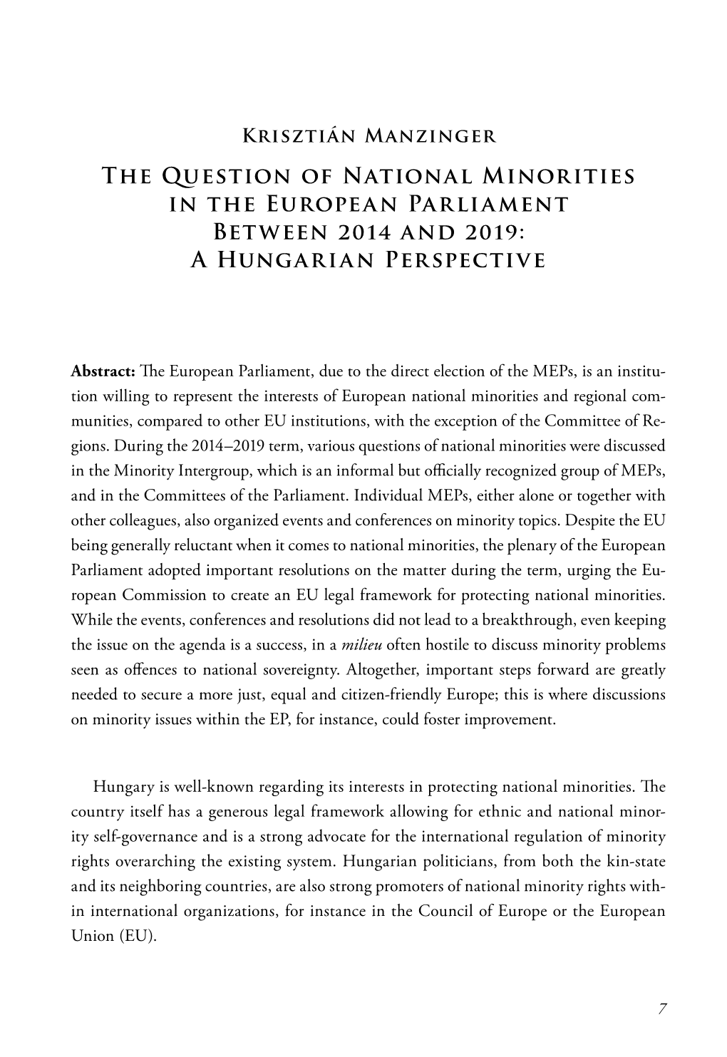 The Question of National Minorities in the European Parliament Between 2014 and 2019: a Hungarian Perspective