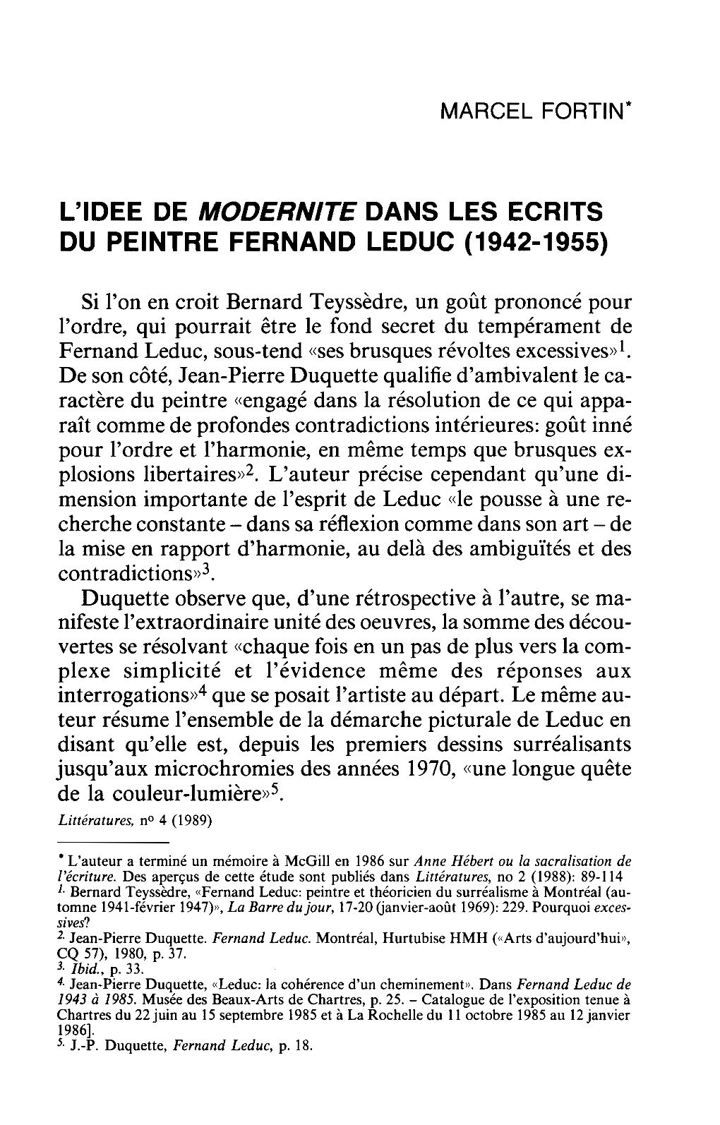 L'idee De Modernite Dans Les Ecrits Du Peintre Fernand Leduc (1942-1955)