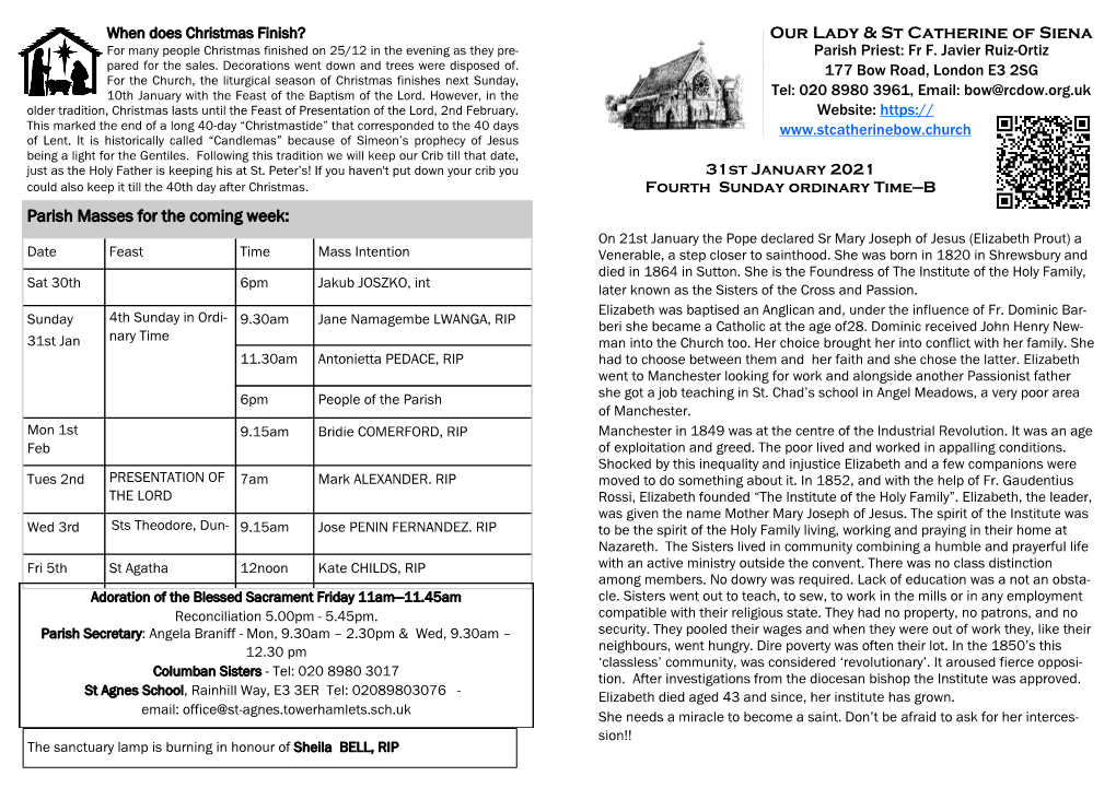 Parish Masses for the Coming Week: Our Lady & St Catherine of Siena