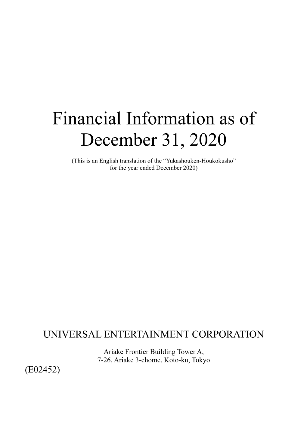 Financial Information As of December 31, 2020