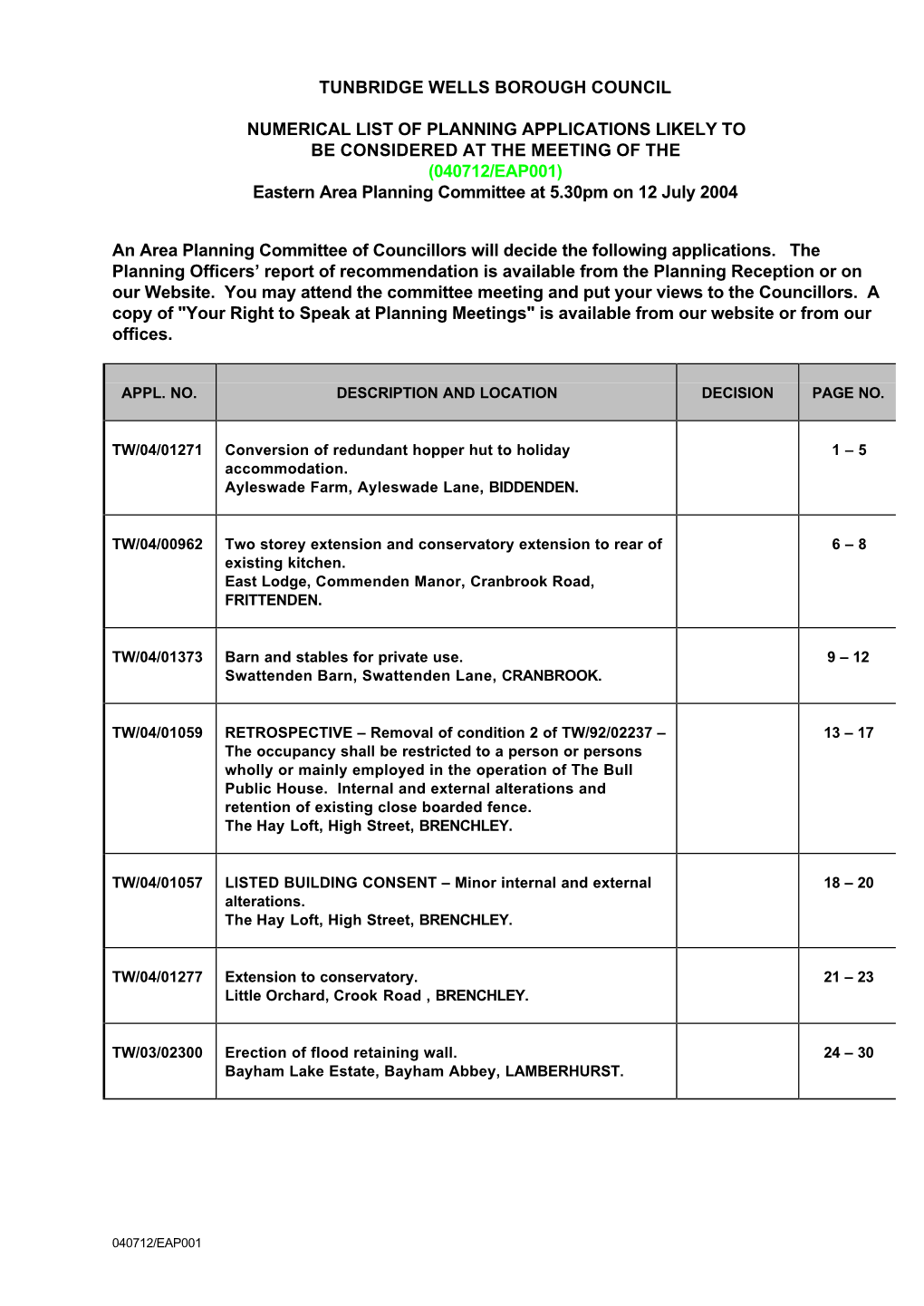 Tunbridge Wells Borough Council Numerical List Of