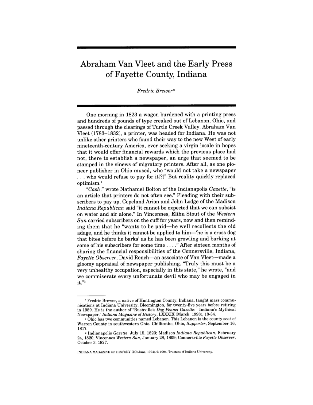 Abraham Van Vleet and the Early Press of Fayette County, Indiana