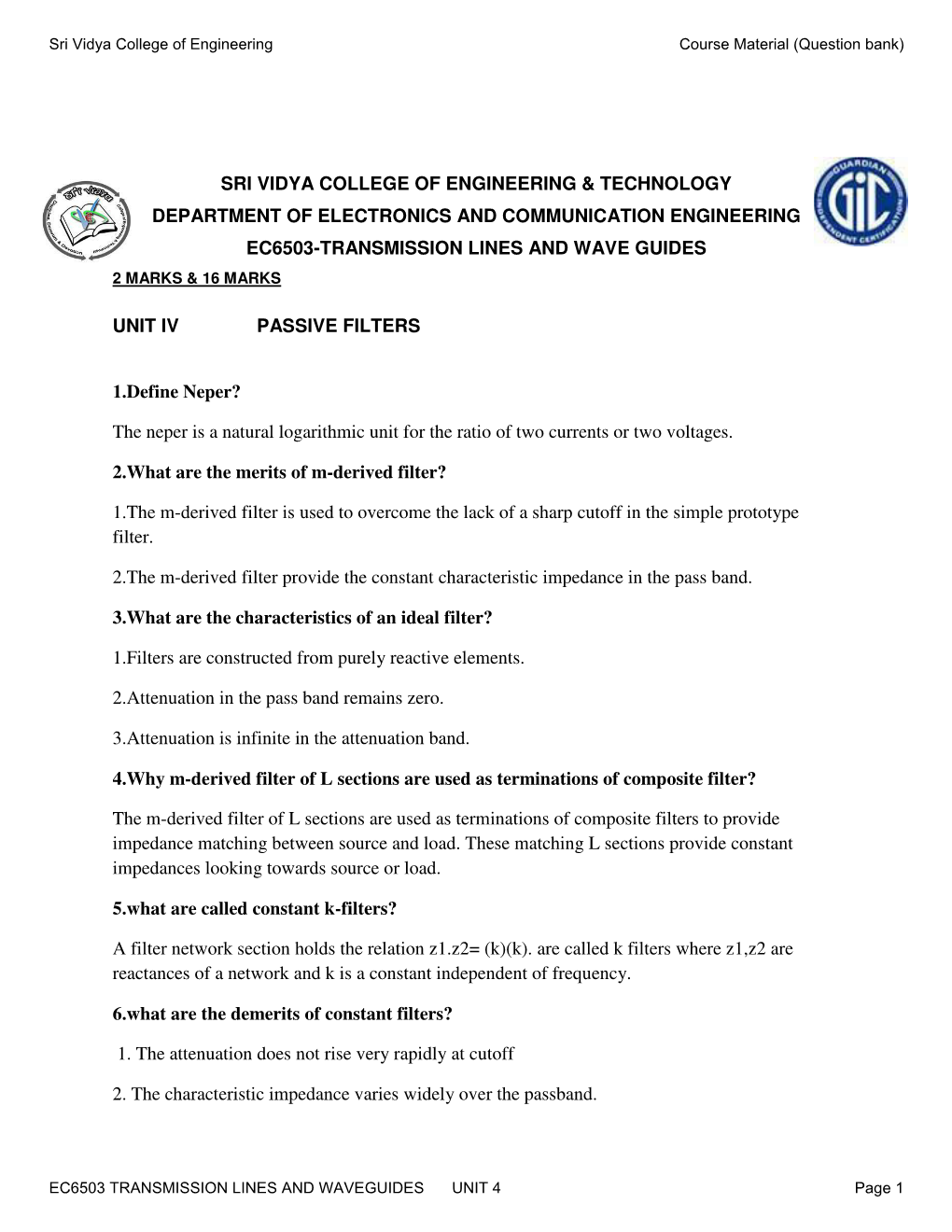 Sri Vidya College of Engineering & Technology Department of Electronics and Communication Engineering Ec6503-Transmission Li