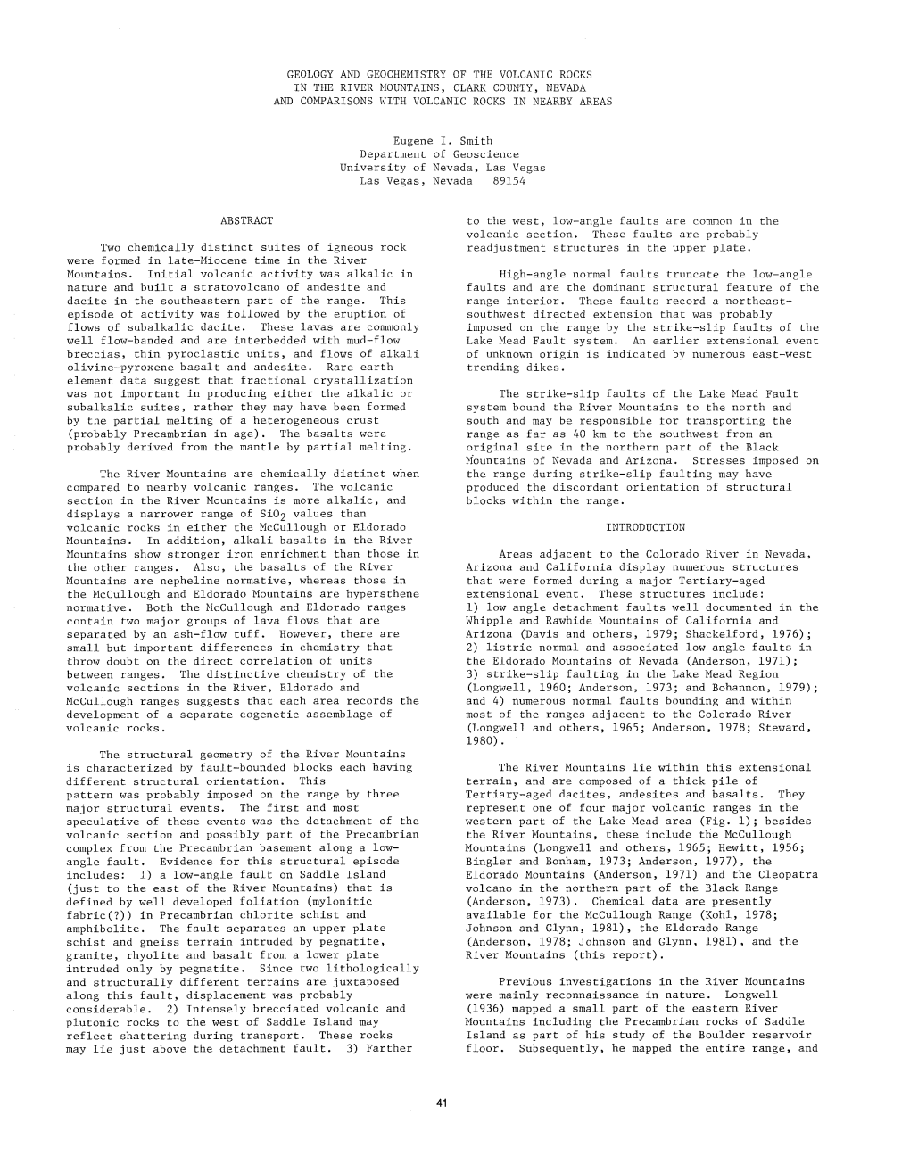 Geology and Geochemistry of the Volcanic Rocks in the River Mountains, Clark County, Nevada and Comparisons \-11Th Volcanic Rocks in Nearby Areas