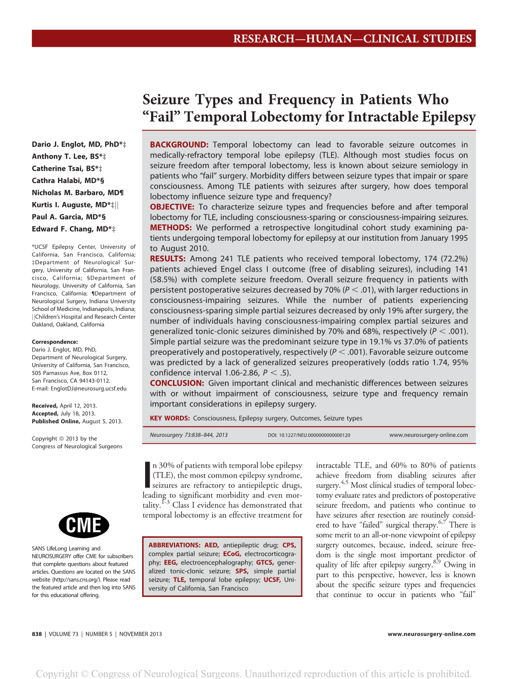 Temporal Lobectomy for Intractable Epilepsy