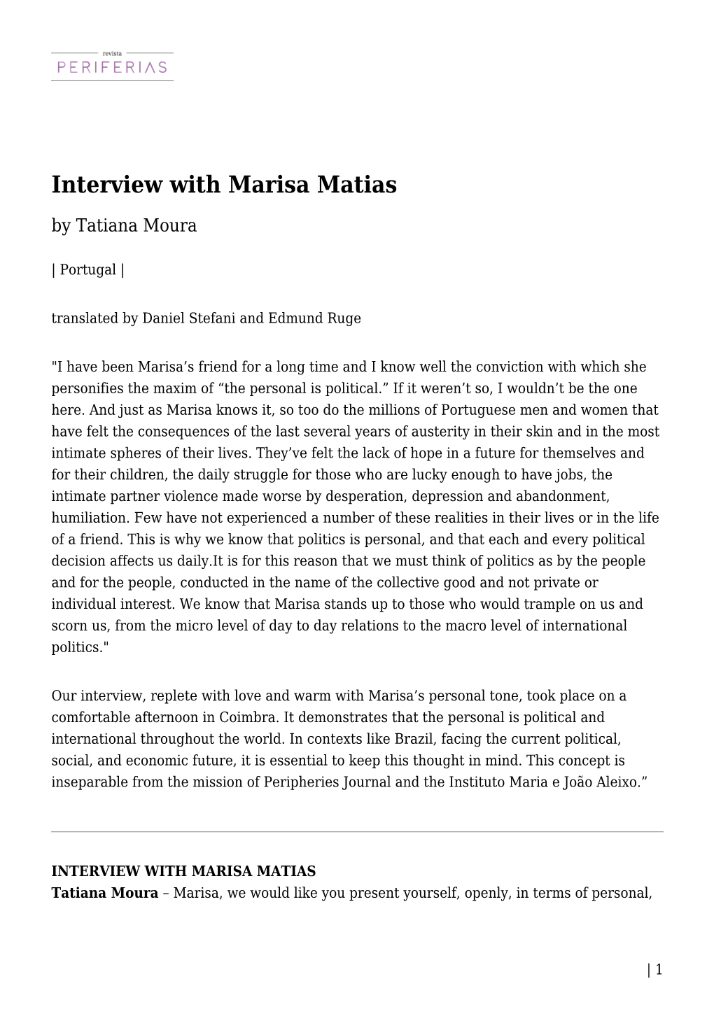 Interview with Marisa Matias by Tatiana Moura