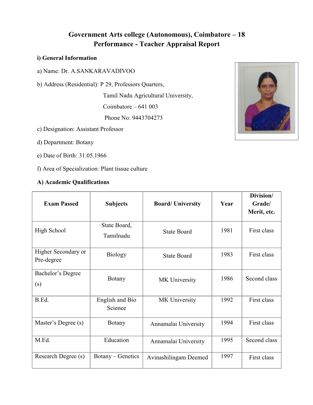Government Arts College (Autonomous), Coimbatore – 18 Performance - Teacher Appraisal Report