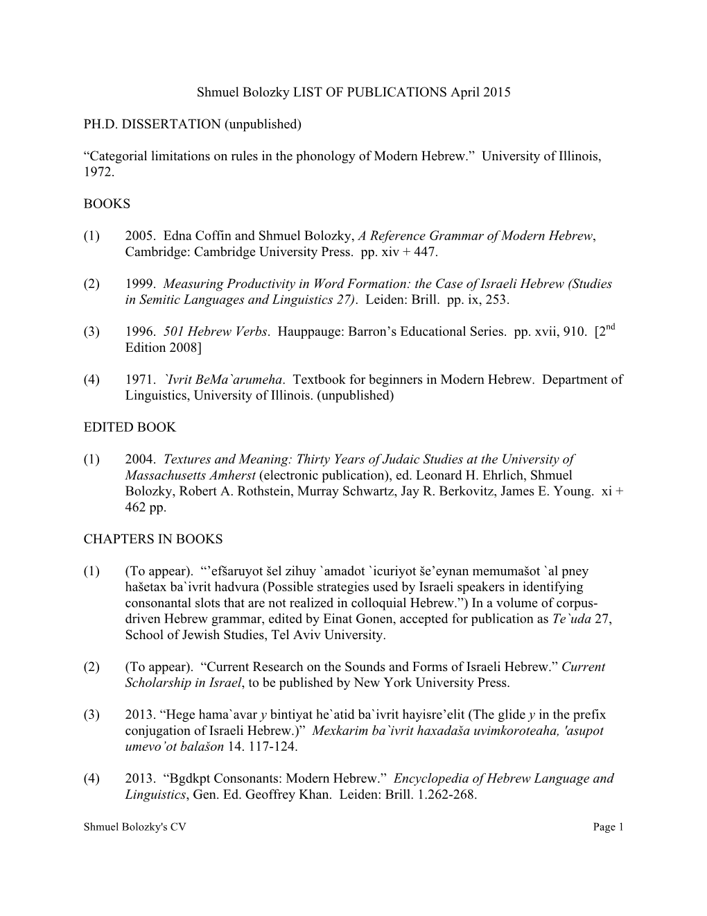 Shmuel Bolozky LIST of PUBLICATIONS April 2015