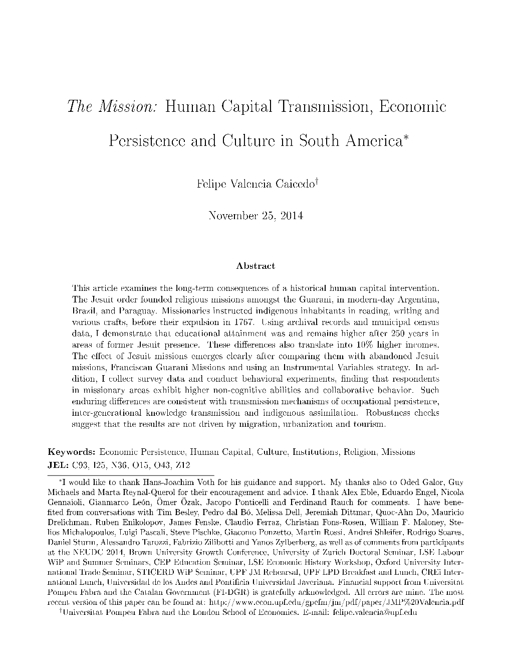 The Mission: Human Capital Transmission, Economic