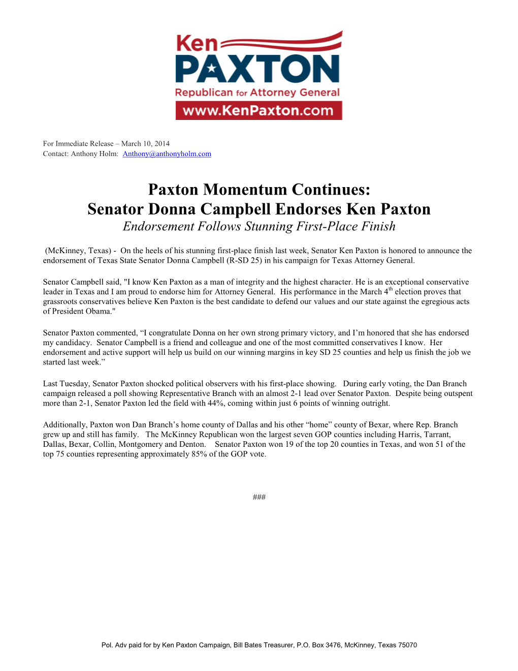 Senator Donna Campbell Endorses Ken Paxton Endorsement Follows Stunning First-Place Finish