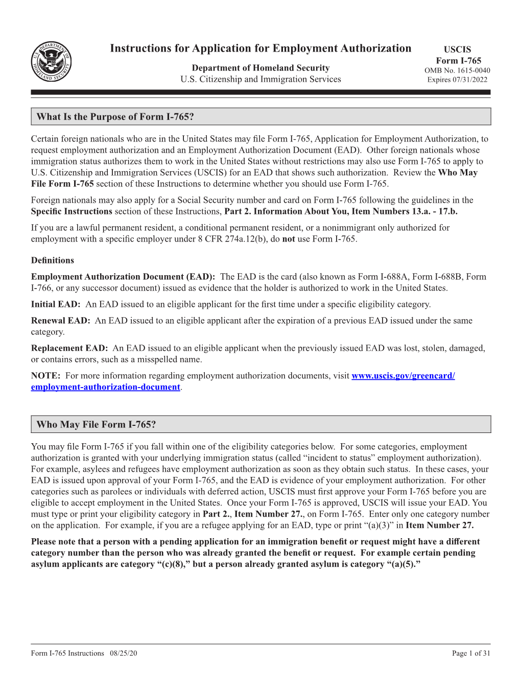 Instructions for Form I-765, Application for Employment Authorization