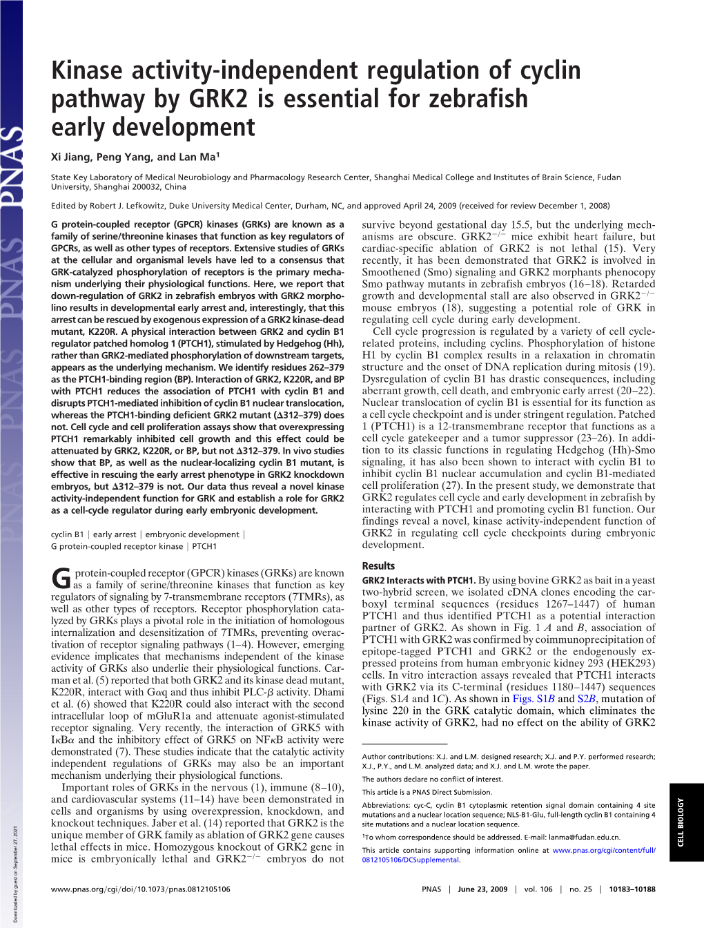 Kinase Activity-Independent Regulation of Cyclin Pathway by GRK2 Is Essential for Zebrafish Early Development