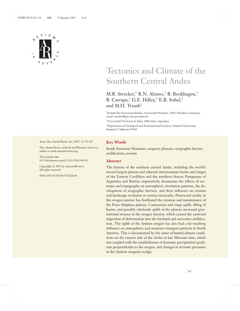 Tectonics and Climate of the Southern Central Andes