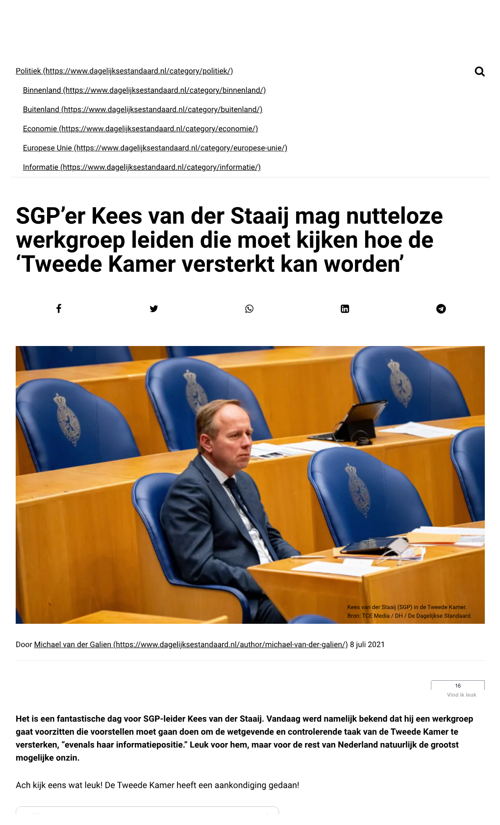 SGP'er Kees Van Der Staaij Mag Nutteloze Werkgroep Leiden Die