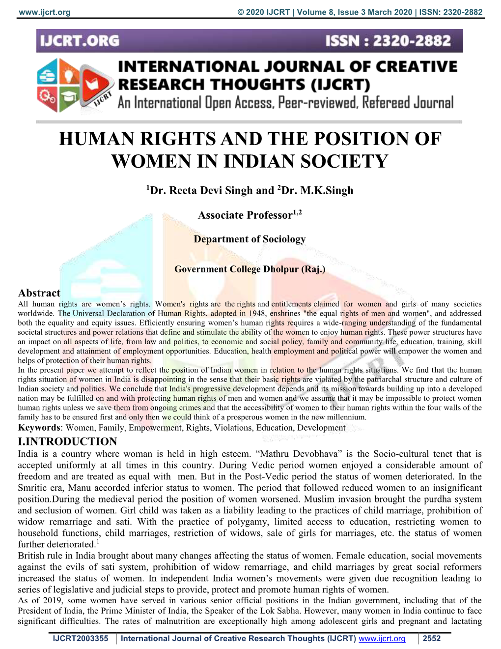 Human Rights and the Position of Women in Indian Society