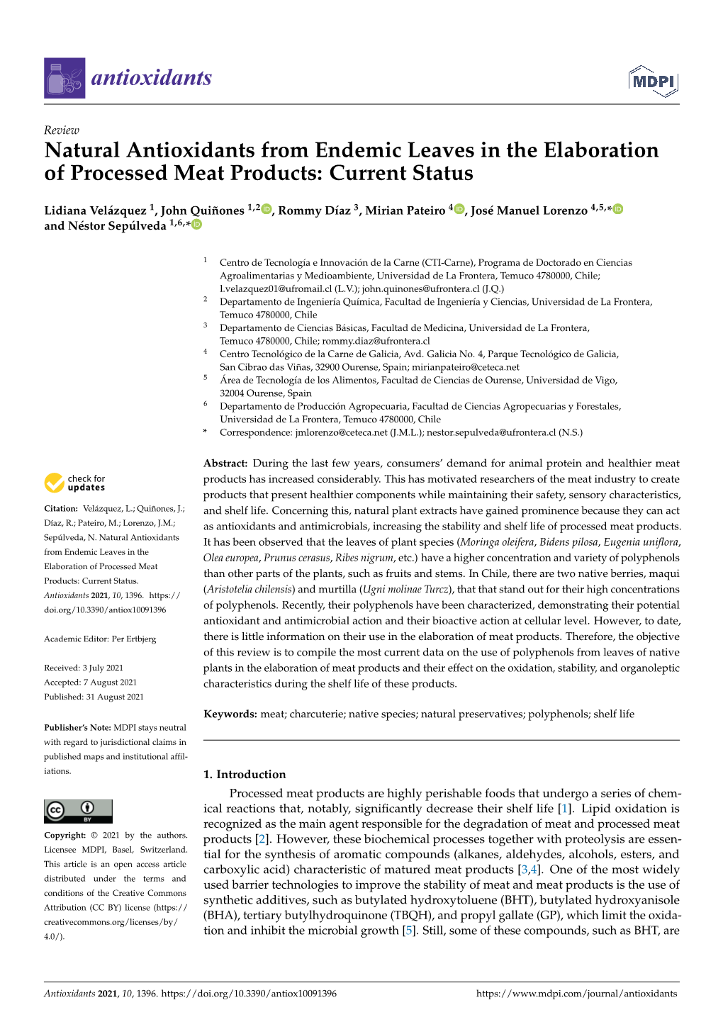 Natural Antioxidants from Endemic Leaves in the Elaboration of Processed Meat Products: Current Status