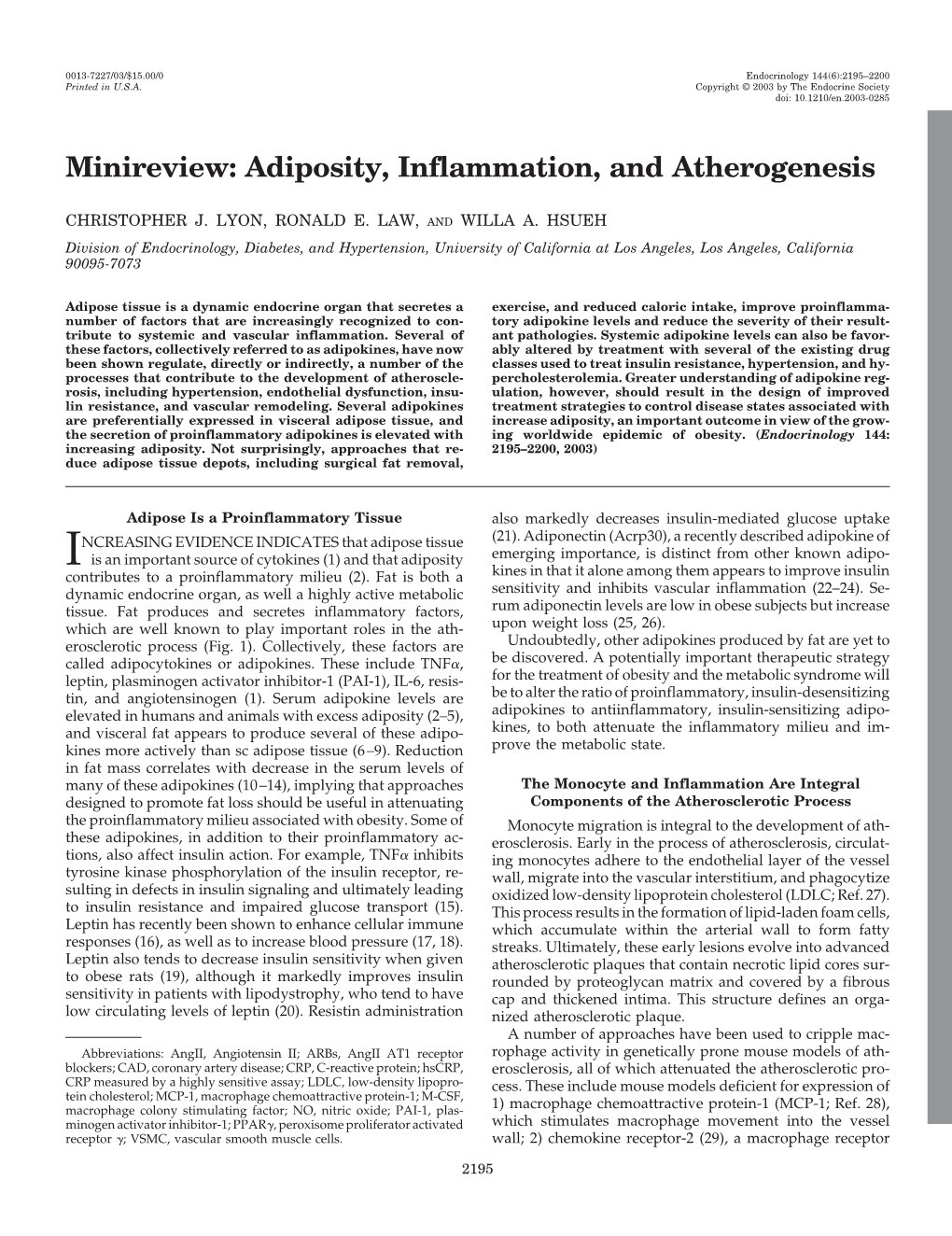 Minireview: Adiposity, Inflammation, and Atherogenesis