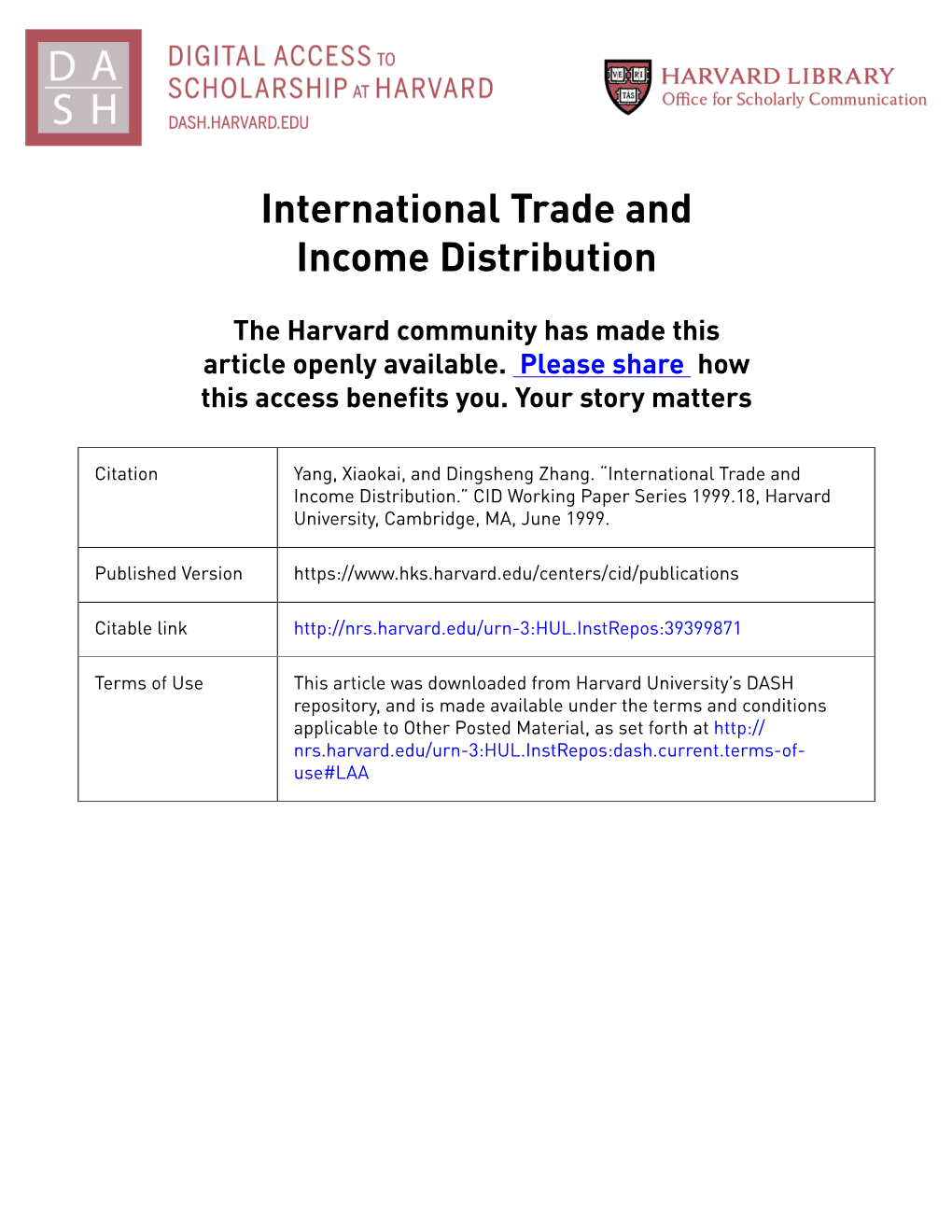 CID Working Paper No. 018 :: International Trade and Income