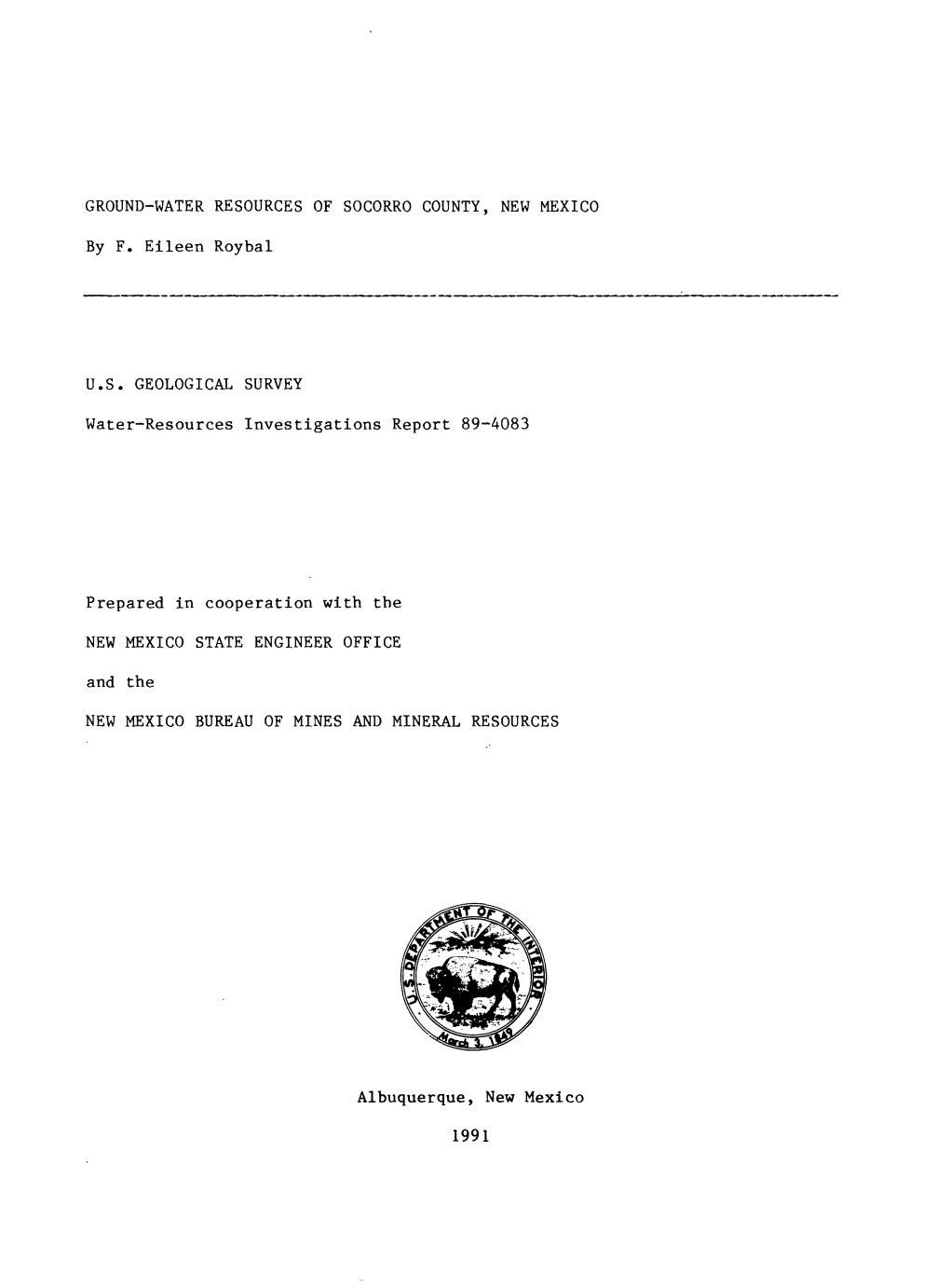 Ground-Water Resources of Socorro County, New Mexico