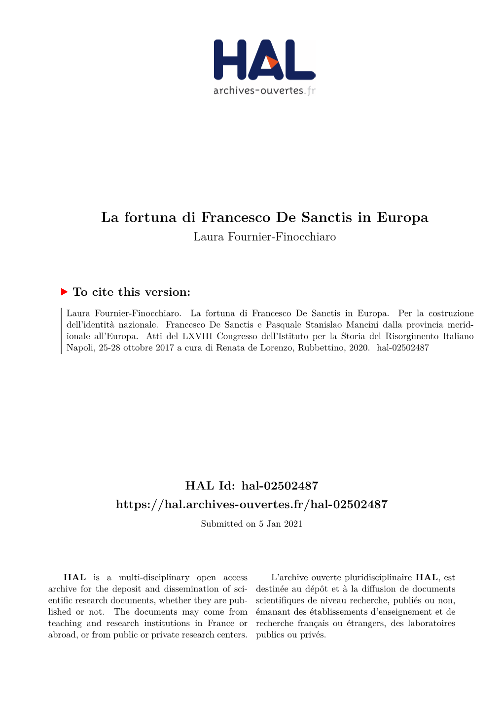 La Fortuna Di Francesco De Sanctis in Europa Laura Fournier-Finocchiaro