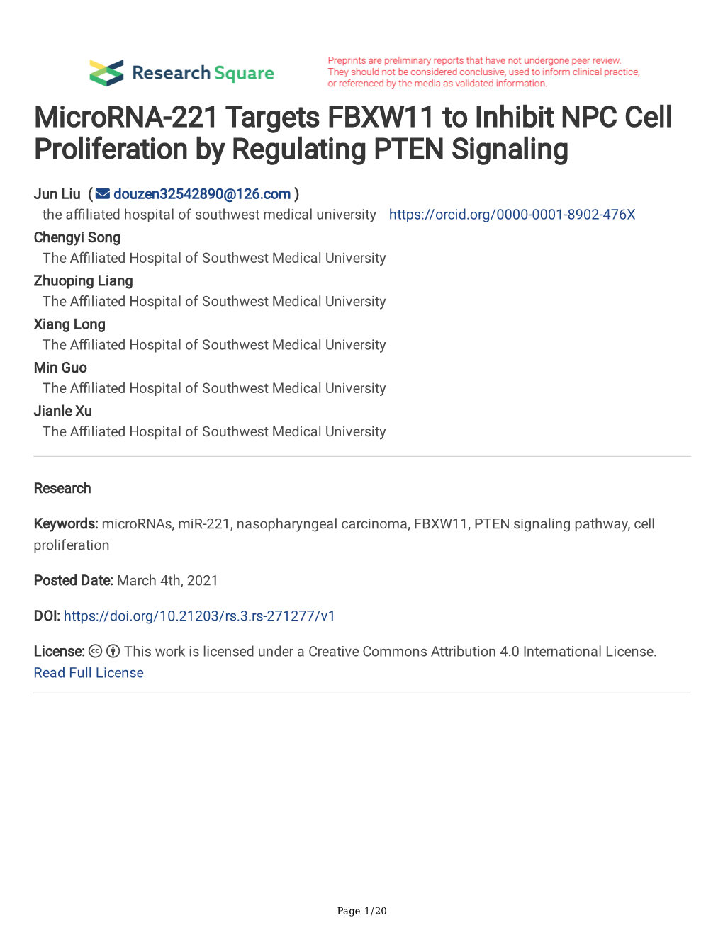 Microrna-221 Targets FBXW11 to Inhibit NPC Cell Proliferation by Regulating PTEN Signaling