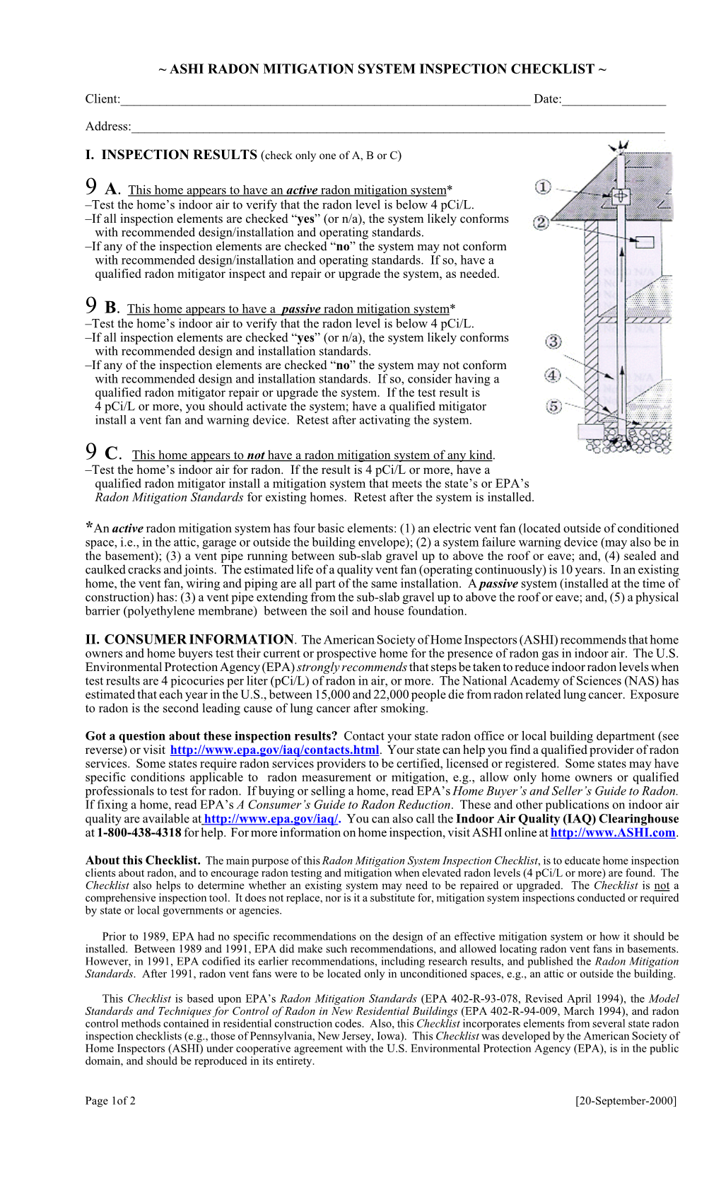 Ashi Radon Mitigation System Inspection Checklist ~