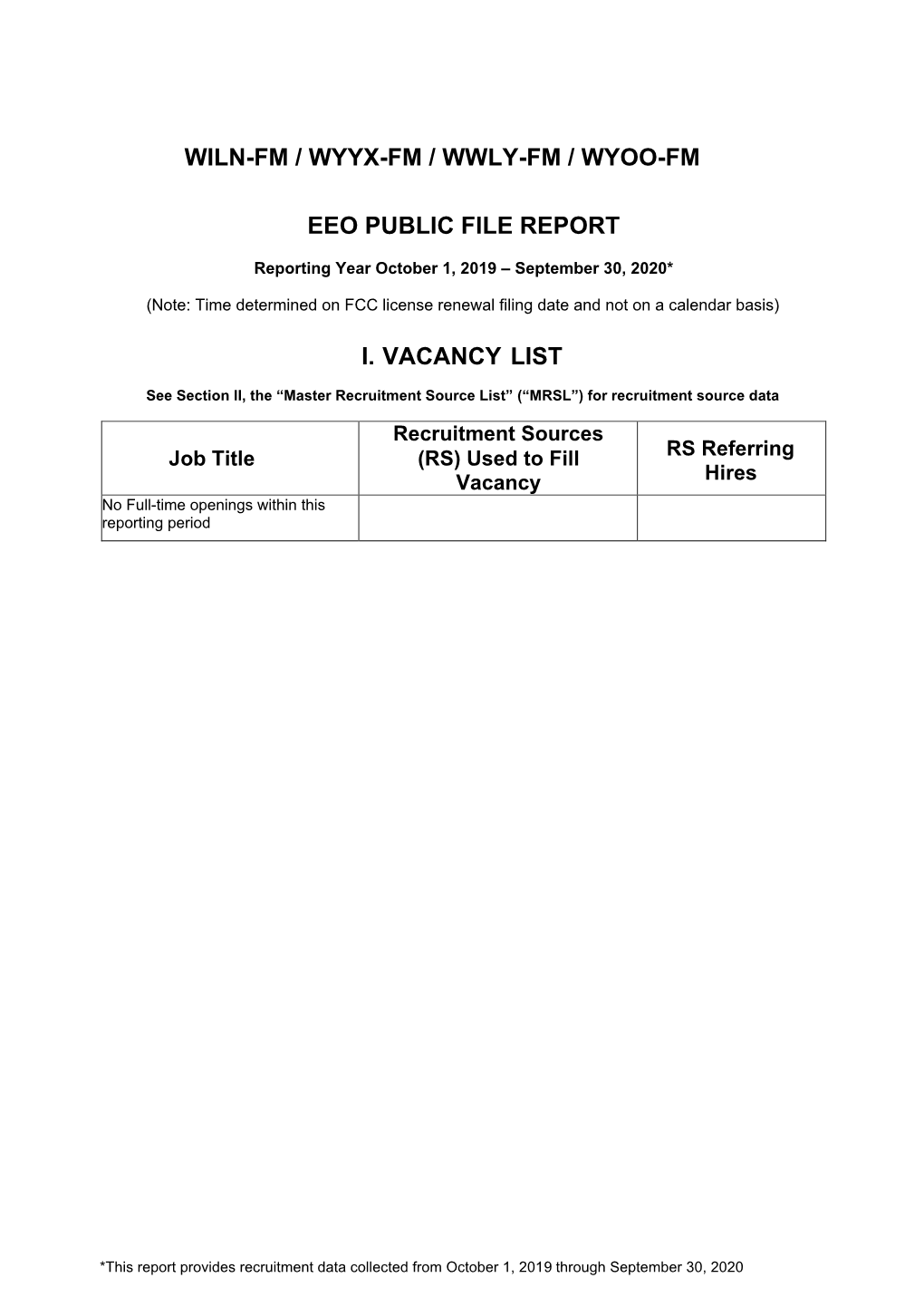 WILN-FM / WYYX-FM / WWLY-FM / WYOO-FM EEO PUBLIC FILE REPORT October 1, 2019 – September 30, 2020 MASTER RECRUITMENT SOURCE LIST (MRSL)